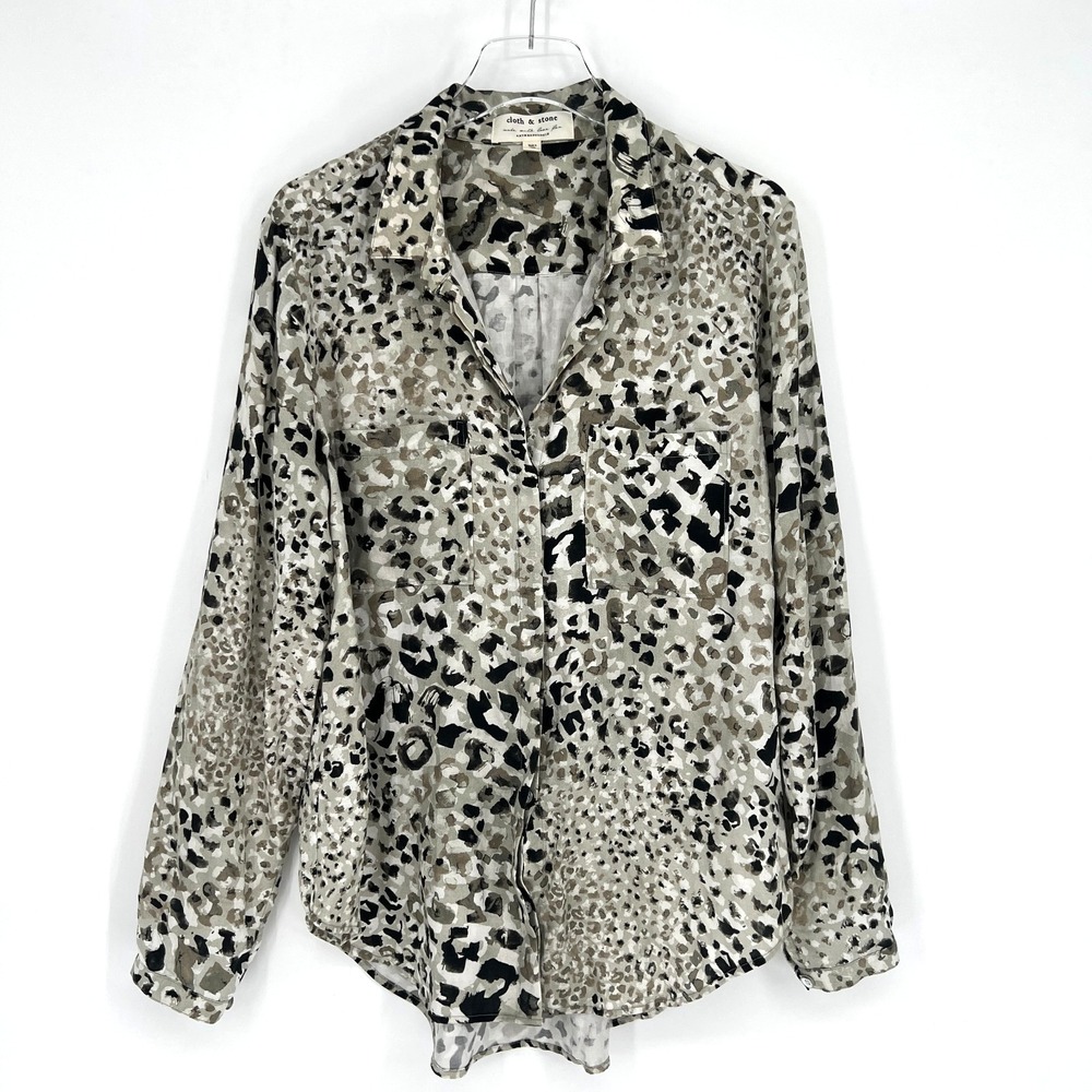 Cloth & Stone Anthropologie Top Womens XL Leopard Animal Print Button Up Neutral